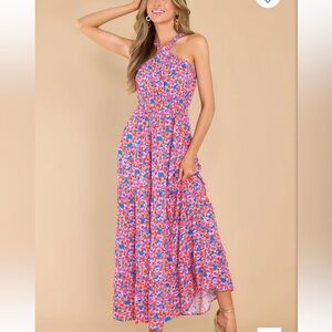 Floral Red Dress Boutique Cross Neck Maxi Dress Size Medium